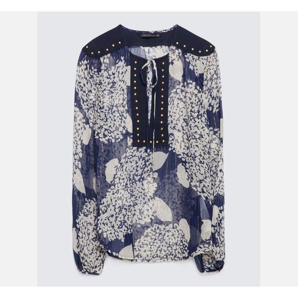 Zara Mulberry Silk Navy/Ecru Long Sleeve Blouse with Studs Women's Size Medium N - Picture 10 of 16